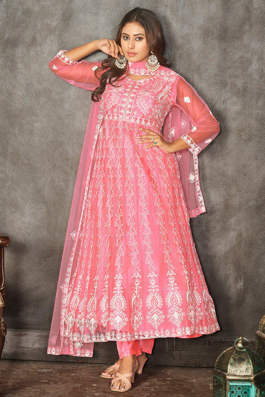 Net Fabric Pink Color Embroidered Winsome Anarkali Suit