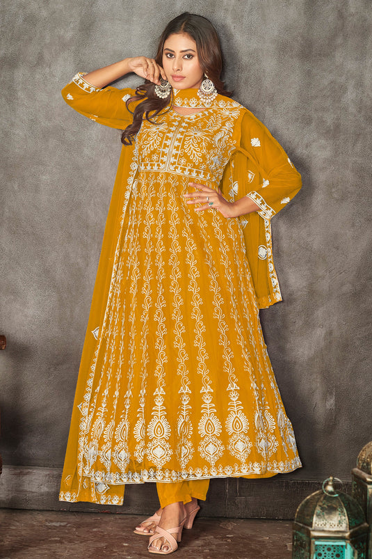 Creative Embroidered Net Fabric Anarkali Suit In Yellow Color
