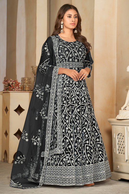 Black Color Net Fabric Embroidered Awesome Anarakali Suit