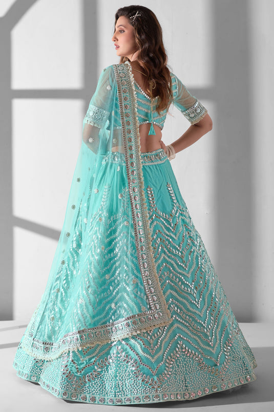 Contemporary Light Cyan Color Net Fabric Lehenga For Function
