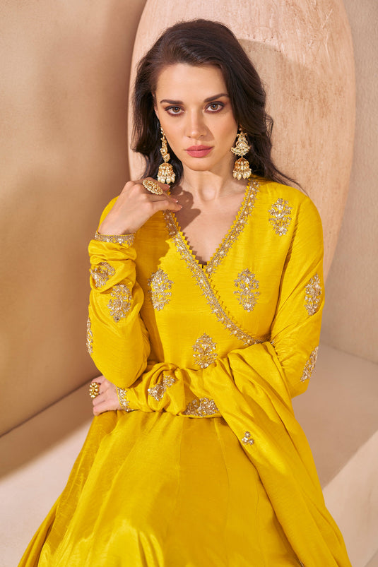 Eugeniya Belousova Silk Fabric Yellow Color Stylish Look Readymade Gown With Dupatta