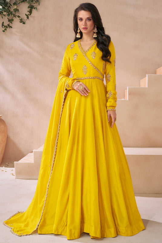 Eugeniya Belousova Silk Fabric Yellow Color Stylish Look Readymade Gown With Dupatta