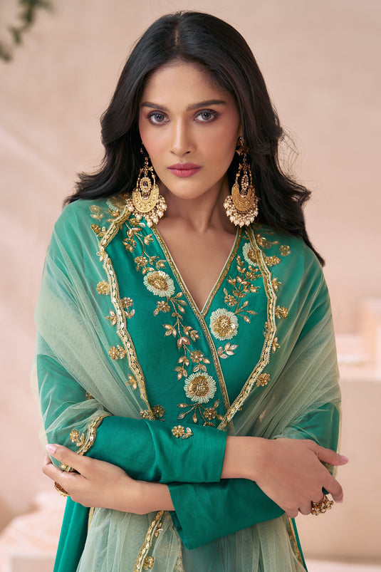 Sushrii Mishraa Silk Fabric Green Color Beatific Look Readymade Gown With Dupatta