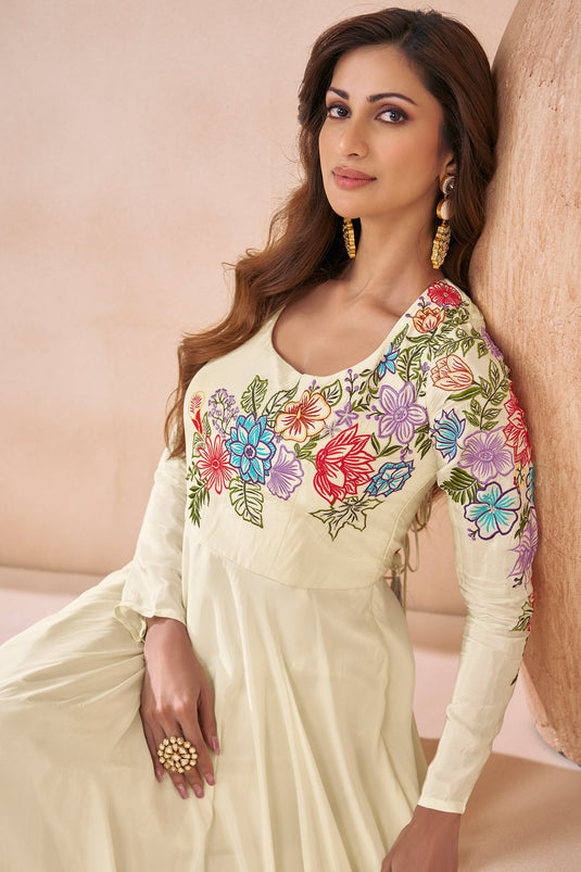 Diksha Singh Febulous Silk Fabric Off White Color Readymade Gown With Dupatta