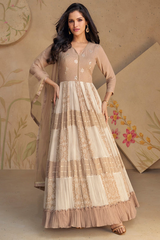 Vartika Singh Georgette Fabric Charismatic Readymade Gown With Dupatta In Beige Color