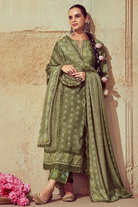 Muslin Fabric Olive Color Supreme Festive Look Salwar Suit