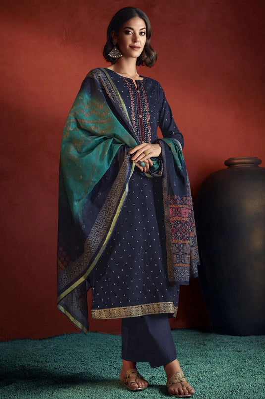 Viscose Fabric Embroidered Lovely Salwar Suit In Navy Blue Color