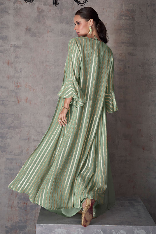Eugeniya Belousova Fashionable Sea Green Color Georgette Readymade Indo Western Palazzo With Shrug