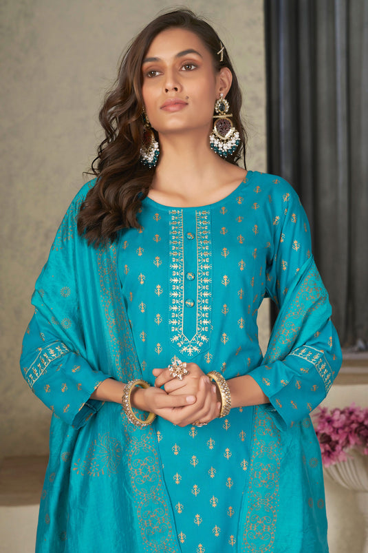 Festive Wear Captivating Rayon Fabric Readymade Salwar Suit In Cyan Color