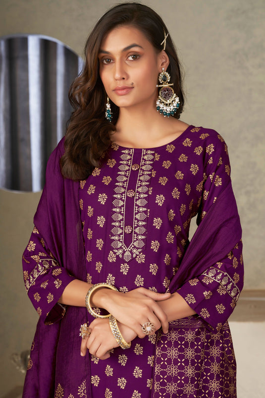 Festive Wear Awesome Rayon Fabric Readymade Salwar Suit In Purple Color