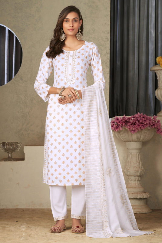Imperial White Color Rayon Fabric Readymade Salwar Suit In Festive Wear
