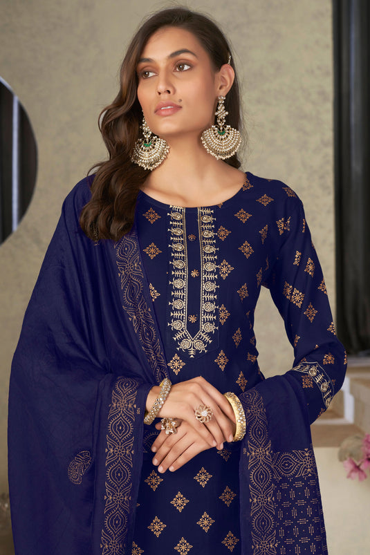 Festive Wear Flamboyant Rayon Fabric Readymade Salwar Suit In Navy Blue Color