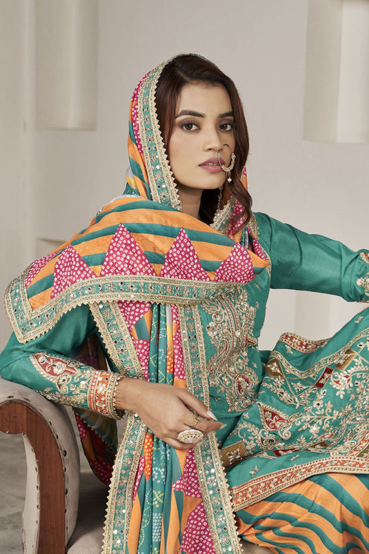 Cyan Color Chinon Fabric Embroidered Readymade Patiala Suit for Function