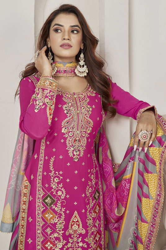 Stylish Rani Color Chinon Fabric Readymade Patiala Suit