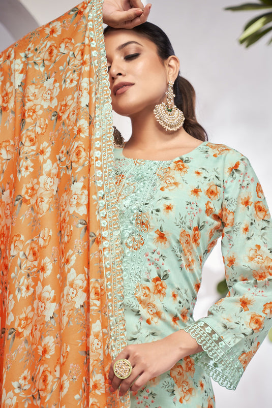 Fascinating Sea Green Color Cotton Fabric Digital Printed Salwar Suit