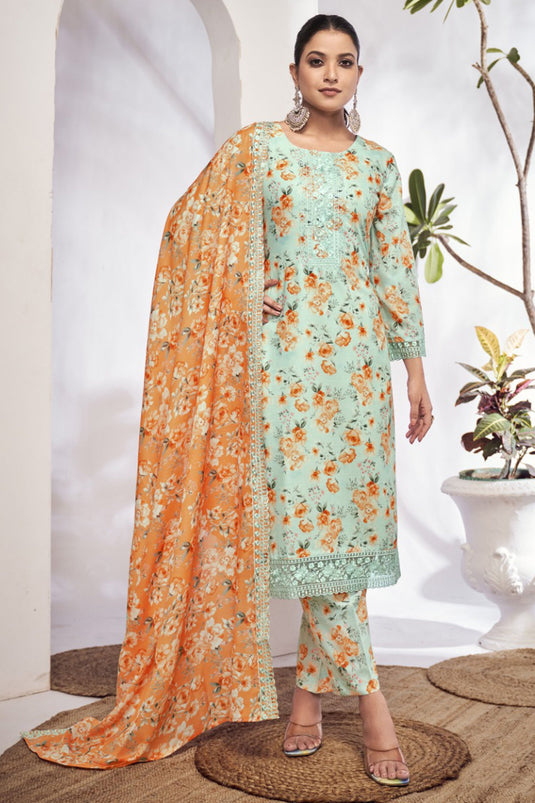Fascinating Sea Green Color Cotton Fabric Digital Printed Salwar Suit