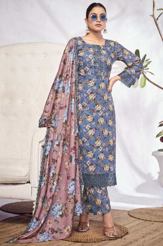Cotton Fabric Blue Color Excellent Digital Printed Salwar Suit