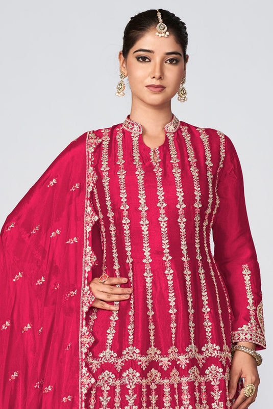 Elegant Rani Color Chinon Fabric Function Wear Readymade Embroidered Palazzo Suit