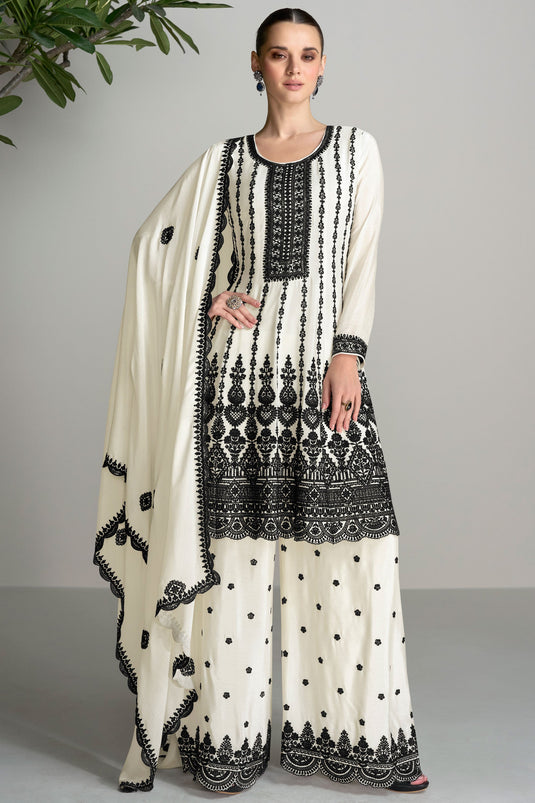 Eugeniya Belousova Trendy Chinon Silk Fabric White Color Readymade Palazzo Suit