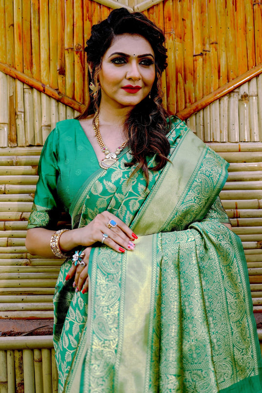 Creative Weaving Work On Green Color Banarasi Silk Saree