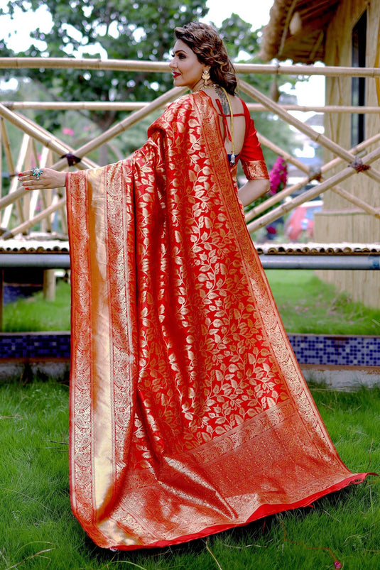 Beguiling Weaving Work On Red Color Banarasi Silk Saree