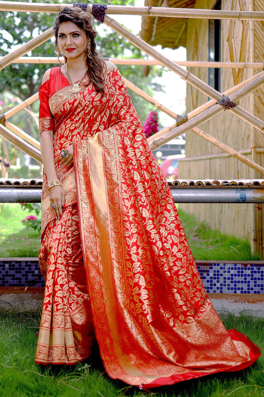 Beguiling Weaving Work On Red Color Banarasi Silk Saree