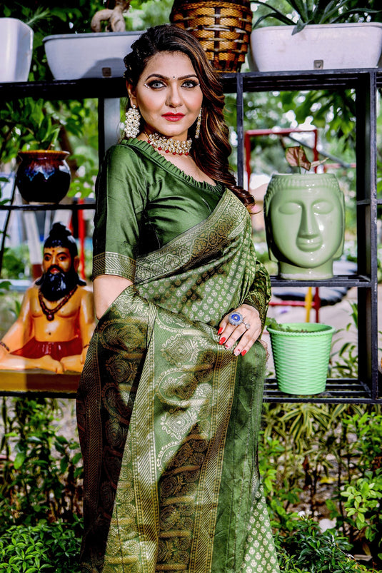 Incredible Weaving Work On Banarasi Silk Green Color Saree
