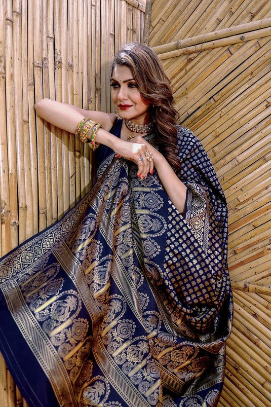 Tempting Banarasi Silk Navy Blue Color Saree With Weaving Work