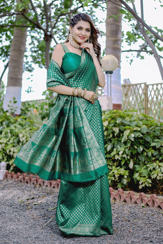 Engaging Green Color Banarasi Silk Saree With Weaving Work