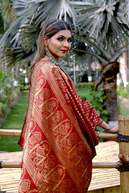 Amazing Weaving Work On Maroon Color Banarasi Silk Saree