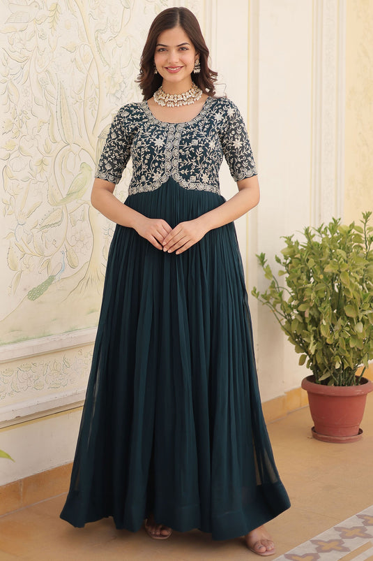 Function Wear Teal Color Glorious Readymade Gown In Georgette Fabric