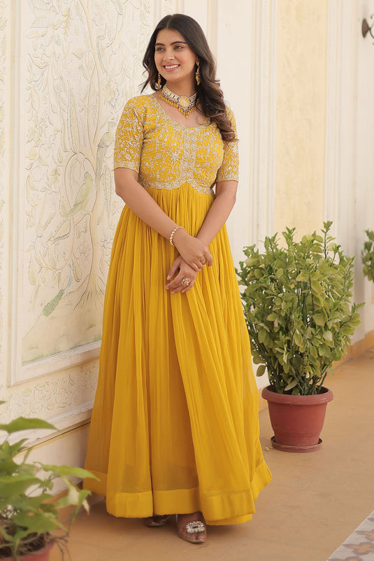 Georgette Fabric Function Wear Luminous Readymade Gown In Yellow Color