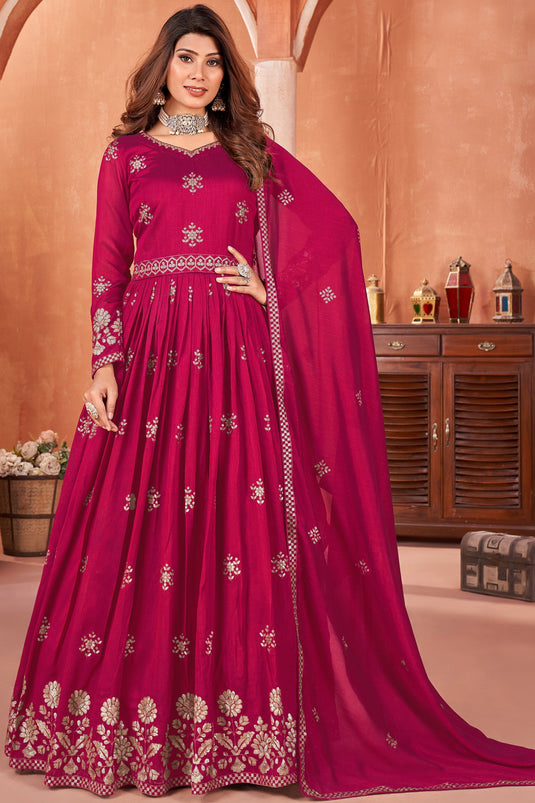 Glamorous Embroidered Work Rani Color Anarkali Suit For Function