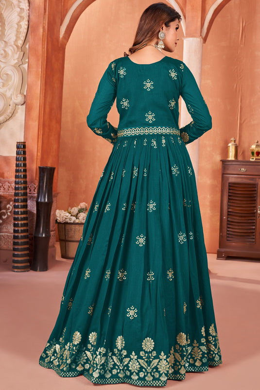 Function Special Teal Color Art Silk Anarkali Suit with Embroidered Work