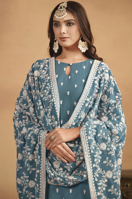 Excellent Georgette Fabric Teal Color Salwar Suit In Festival Wear