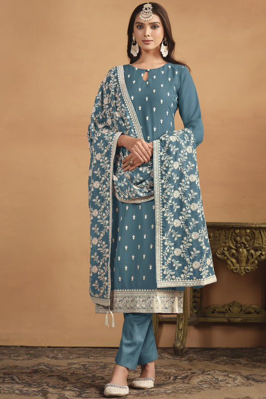 Excellent Georgette Fabric Teal Color Salwar Suit In Festival Wear