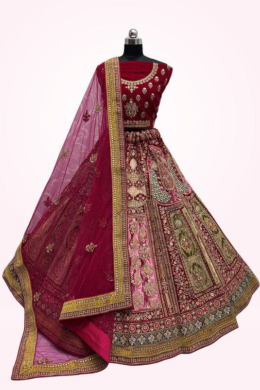 Velvet Bridal Wear 3 Piece Embroidered Lehenga Choli In Red Color