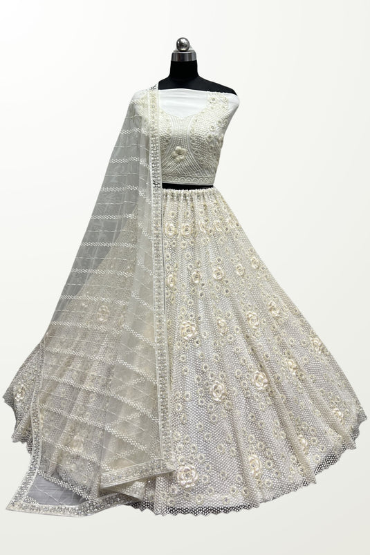 Sequins Work Net Fabric White Color Stylish Look Bridal Lehenga