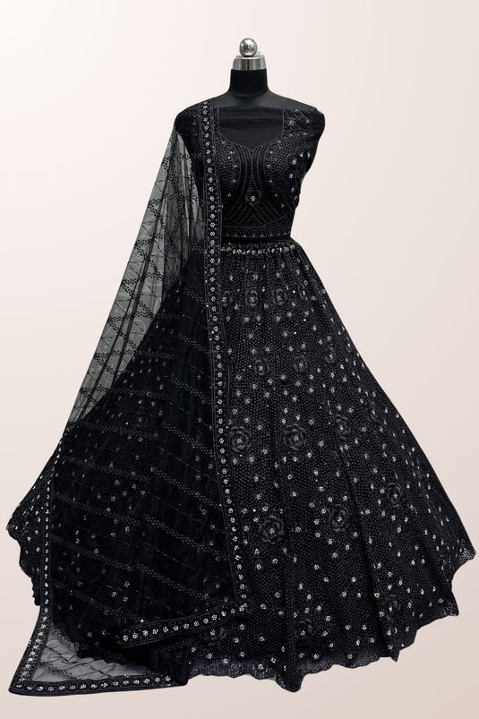 Net Fabric Black Color Beatific Look Bridal Lehenga With Sequins Work