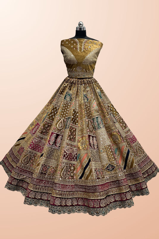 Fabulous Embroidered Work Velvet Fabric Mustard Color Bridal Lehenga