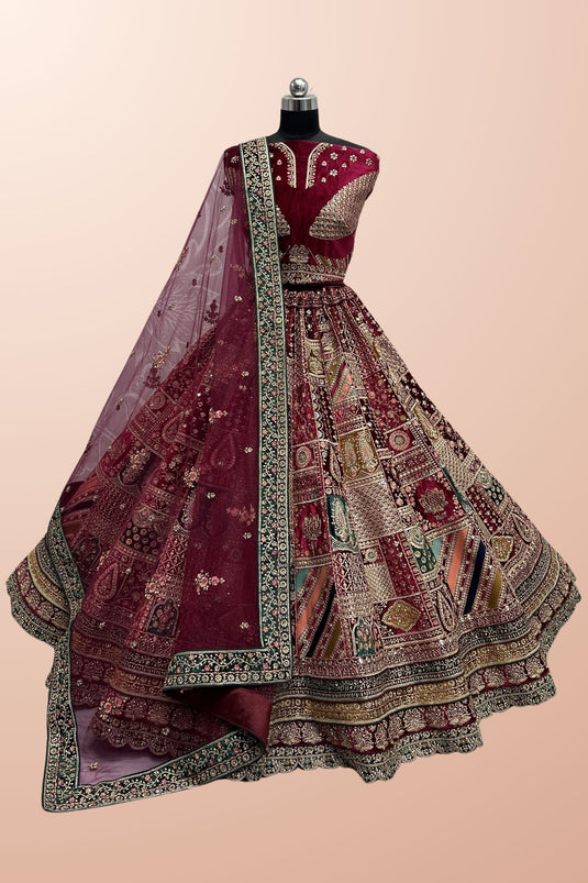 Velvet Fabric Captivating Maroon Color Embroidered Work Bridal Lehenga