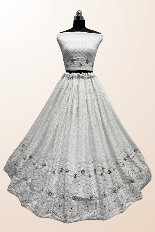 White Color Georgette Fabric Lakhanavi Embroidered Wedding Function Designer Lehenga Choli
