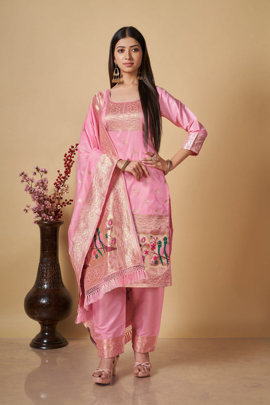 Pink Color Banarasi Silk Fabric Weaving Work Festive Wear Fashionable Salwar Kameez