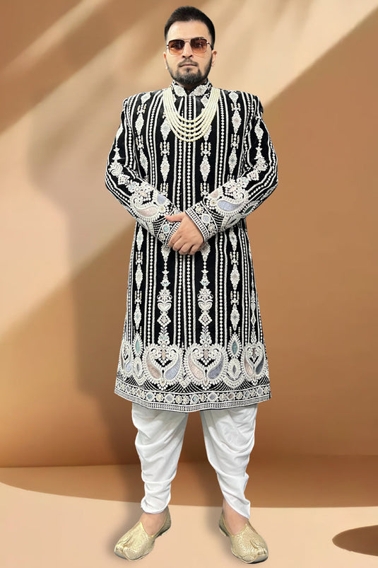 Velvet Black Magnificent Readymade Men Peshawari Style Indo Western For Wedding Wear