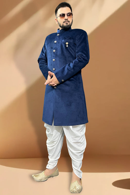 Blue Velvet Fabric Sangeet Wear Trendy Readymade Peshawari Style Indo Western For Men