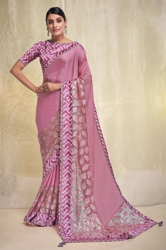 Crepe And Georgette Fabric Pink Color Saree With Vintage Sequins Work