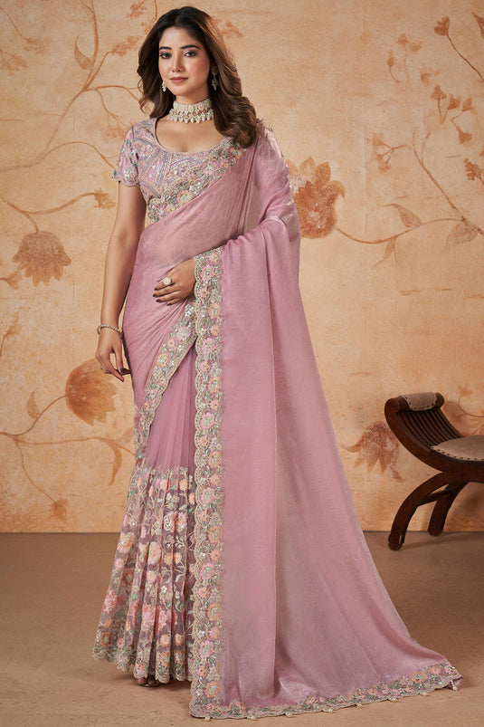 Crepe Silk Fabric Pink Fancy Sequins Work Wedding Wear Saree