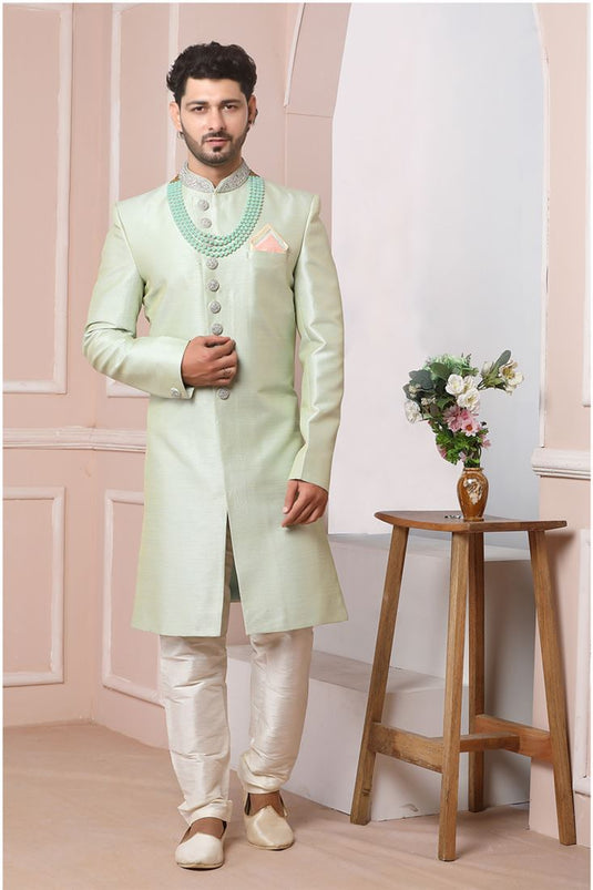 Gorgeous Sea Green Color Banarasi Silk Fabric Wedding Wear Indo Western For Men