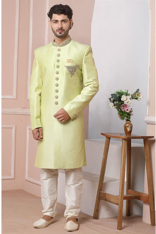 Beautiful Light Yellow Color Banarasi Silk Fabric Wedding Wear Indo Western For Men