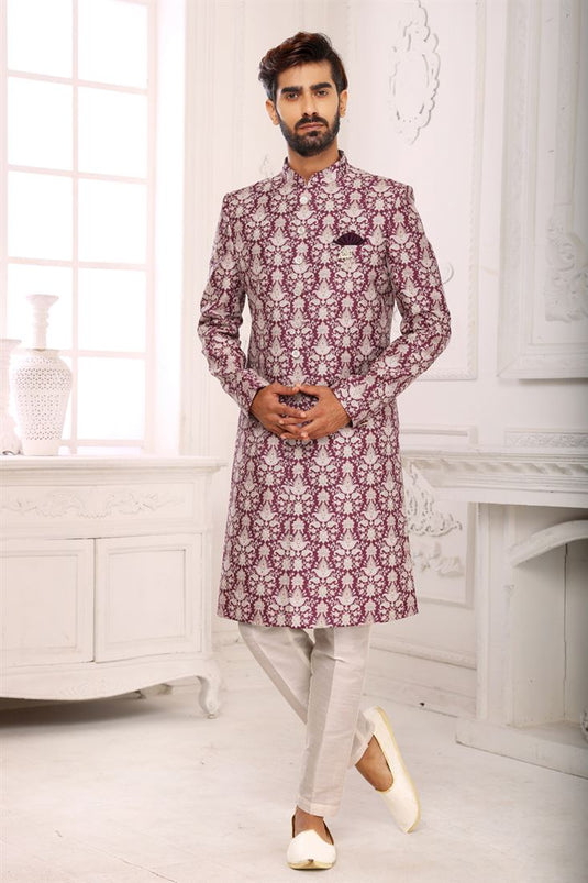 Stunning Pink Color Indo Western For Men In Brocade Fabric